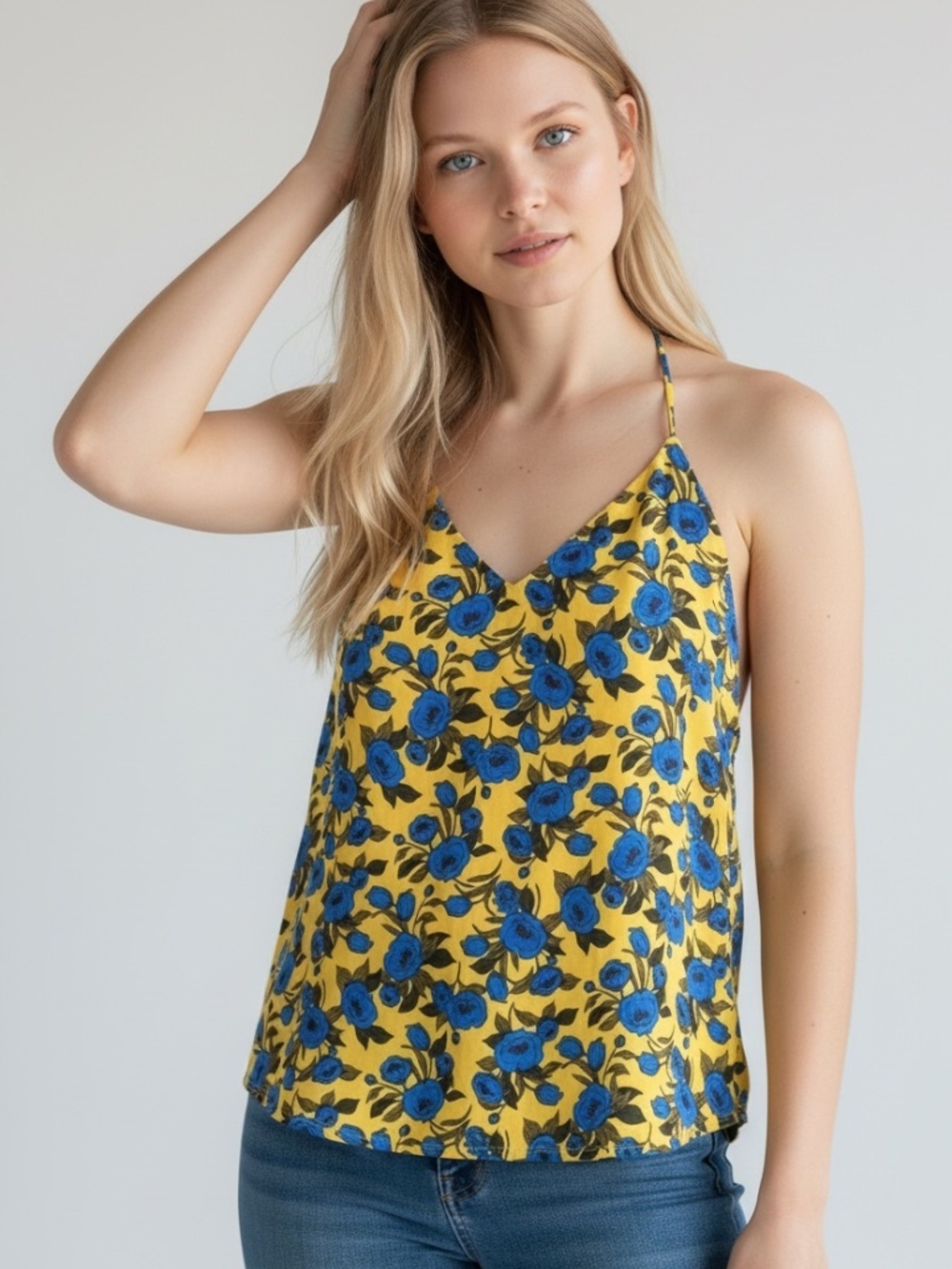 Harper Heritage Yellow & Royal Blue Floral V-Neck Cami Tank Top Size Medium